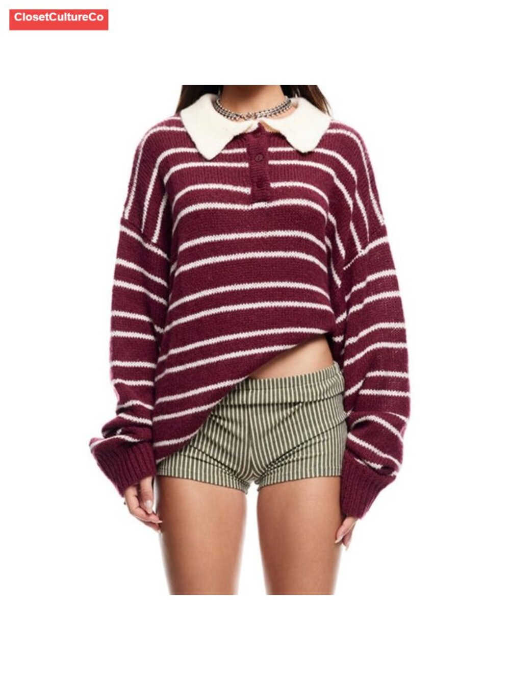 Striped Knit Polo Shirt Long Sleeve Lapel Collar Pullover Sweater Oversized